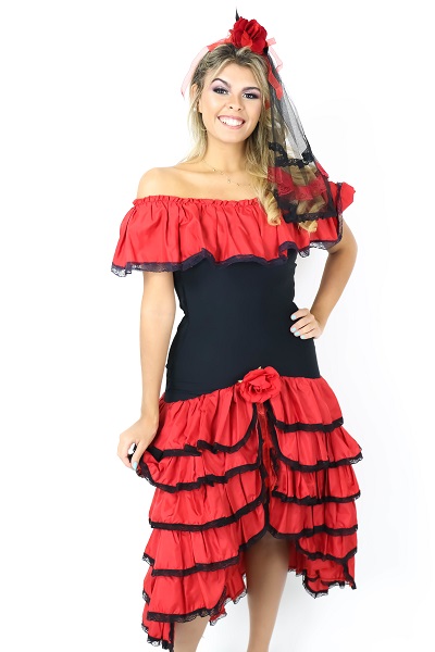 Espanhola Vestido Preto Babados Vermelho
